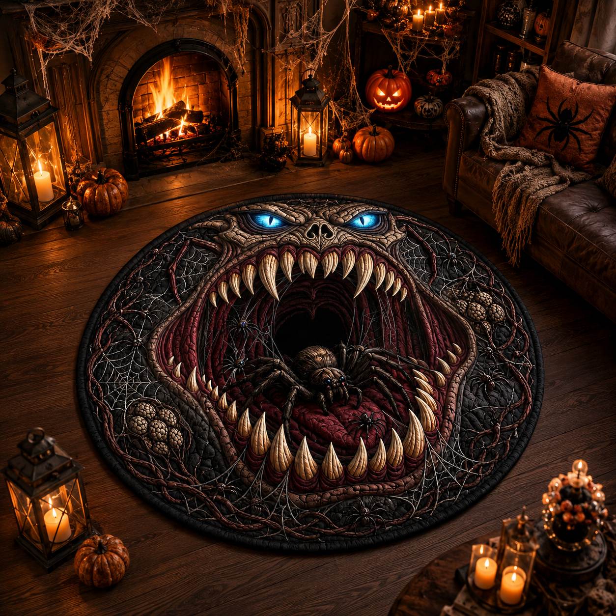 Creepy Monster Mouth Spider 3D Halloween Quilt Round Rug