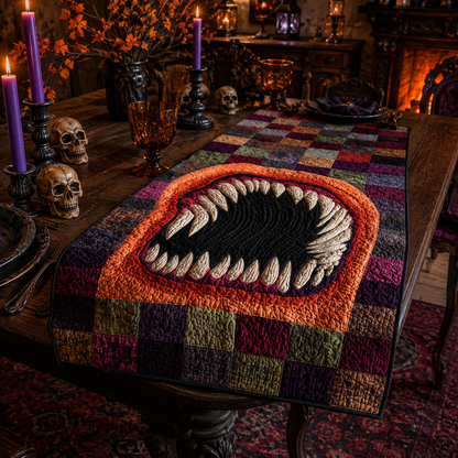 Creepy Monster Mouth Teeth Patchwork Halloween Quilted Table Runner