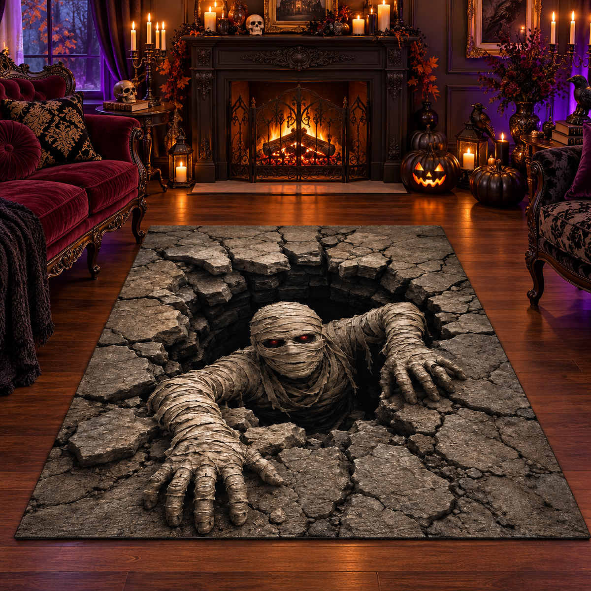 Creepy Mummy Emerging Ground Halloween Area Rug
