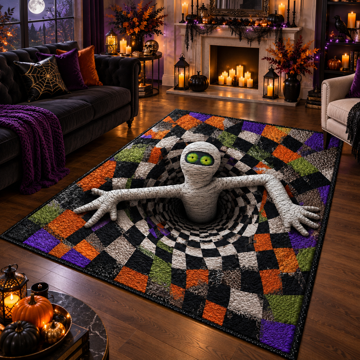 Creepy Mummy Patchwork Vortex Halloween Area Rug