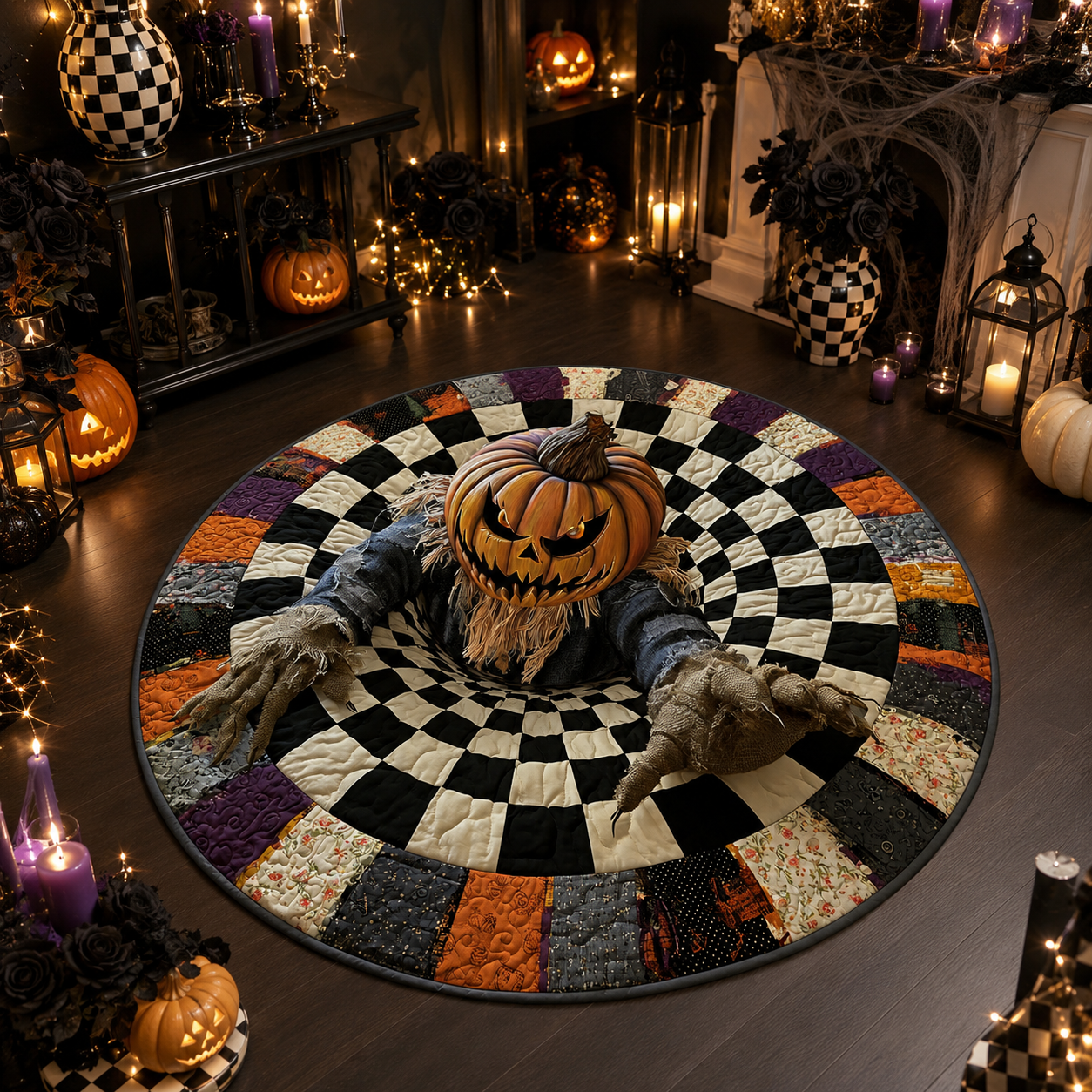 Creepy Pumpkin Man Checkered Hole Illusion Halloween Quilt Round Rug