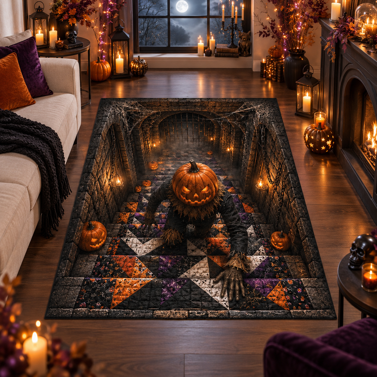 Creepy Pumpkin Monster Dungeon Halloween Area Rug