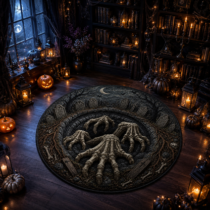 Creepy Skeleton Hands Rising Cemetery Mat Halloween Quilt Round Rug