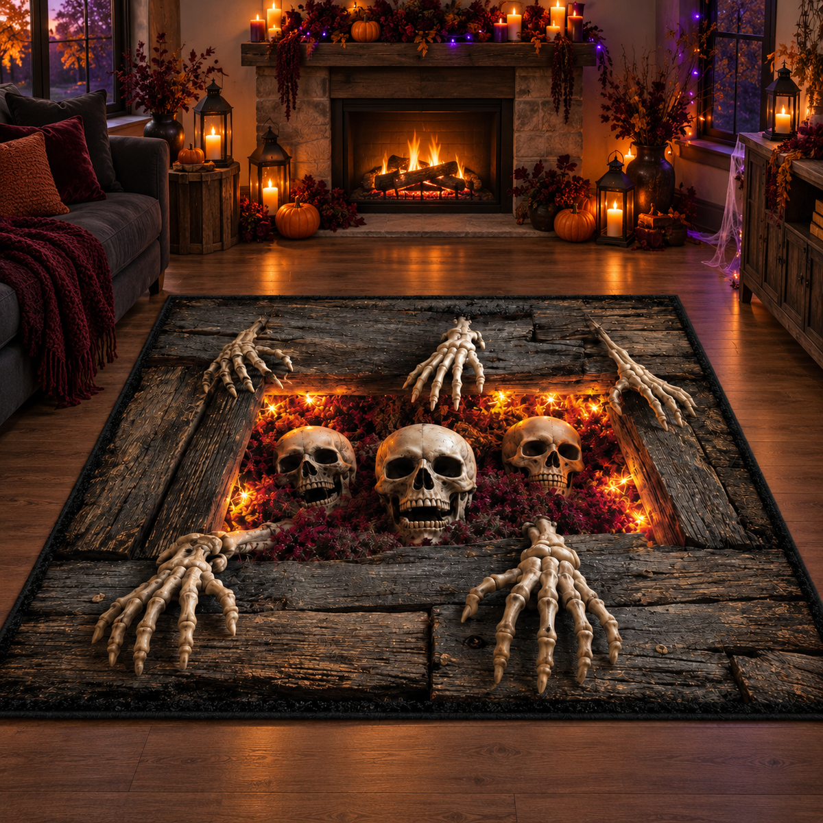 Creepy Skeleton Skulls Wooden Halloween Area Rug