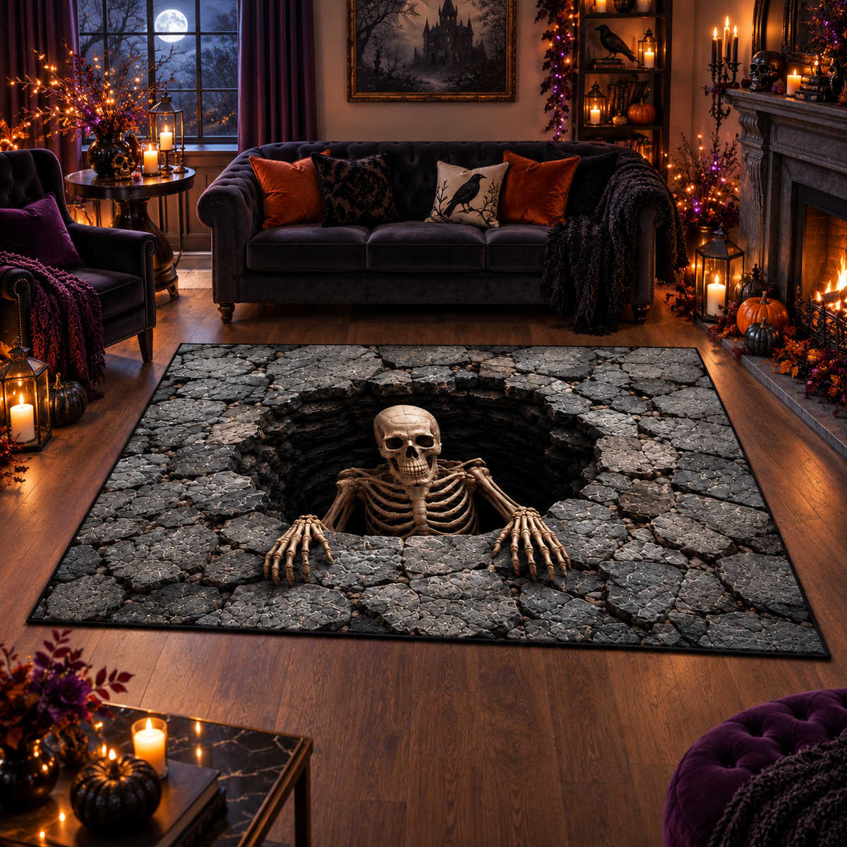 Creepy Skeleton Stone Pit Halloween Area Rug