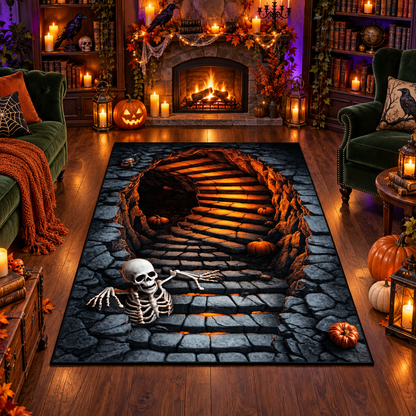 Creepy Skeleton Stone Steps Halloween Area Rug