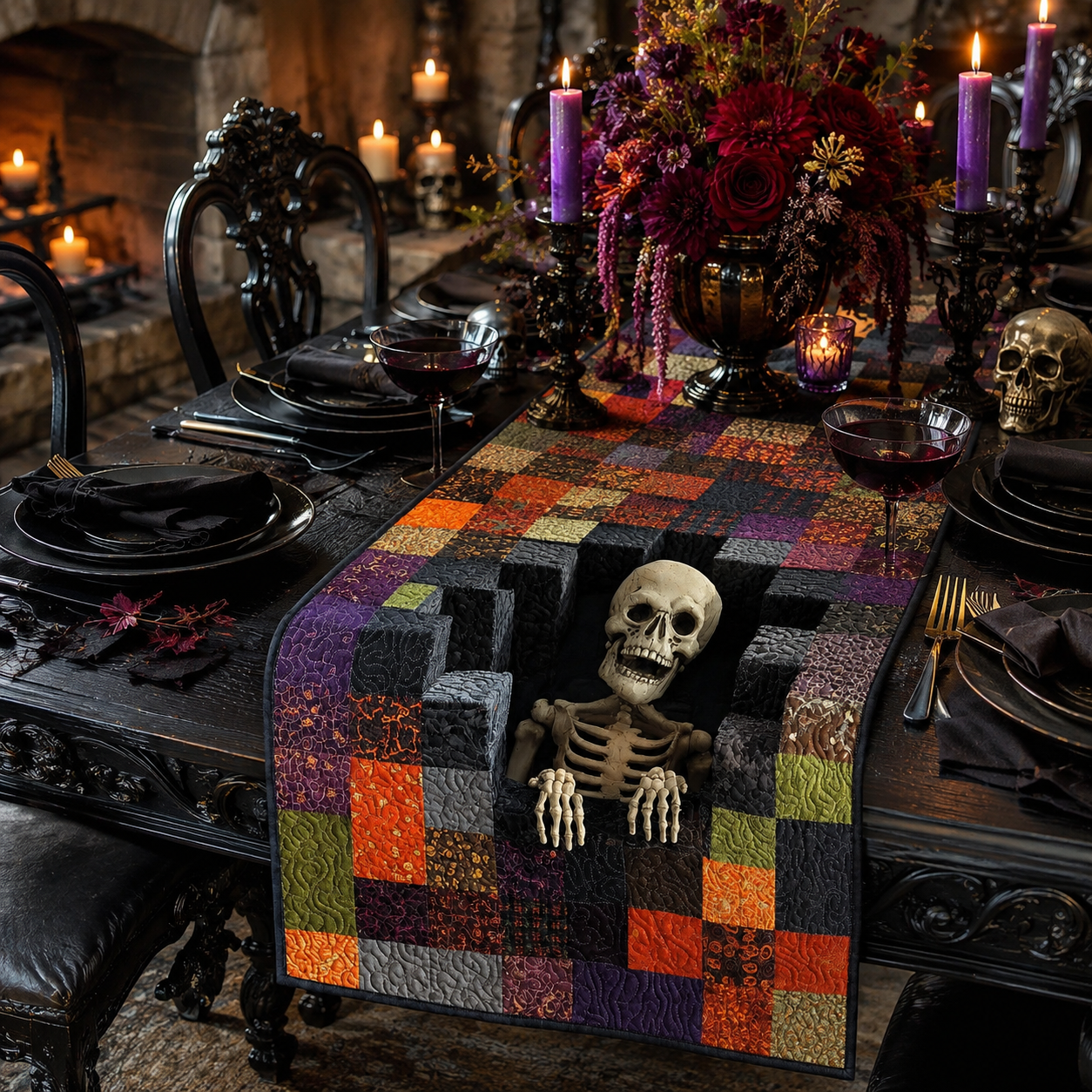 Creepy Skeleton Tomb 3D Effect Halloween Quilted Table Runner