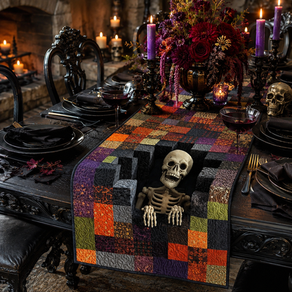 Creepy Skeleton Tomb 3D Effect Halloween Quilted Table Runner