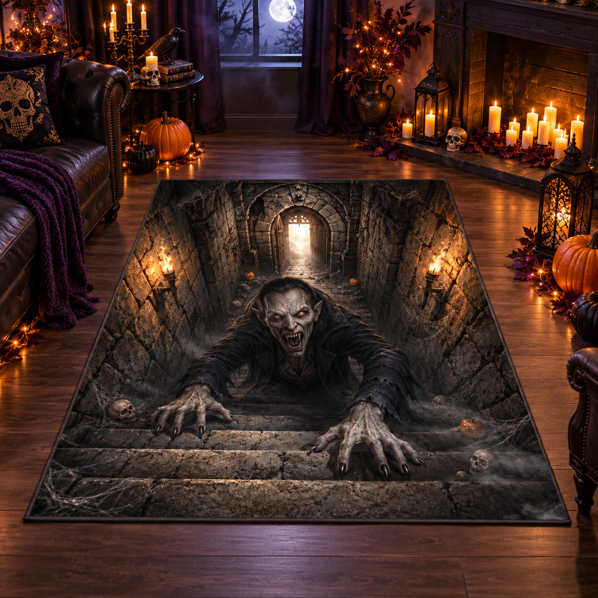 Creepy Vampire Dungeon Stairs Halloween Area Rug
