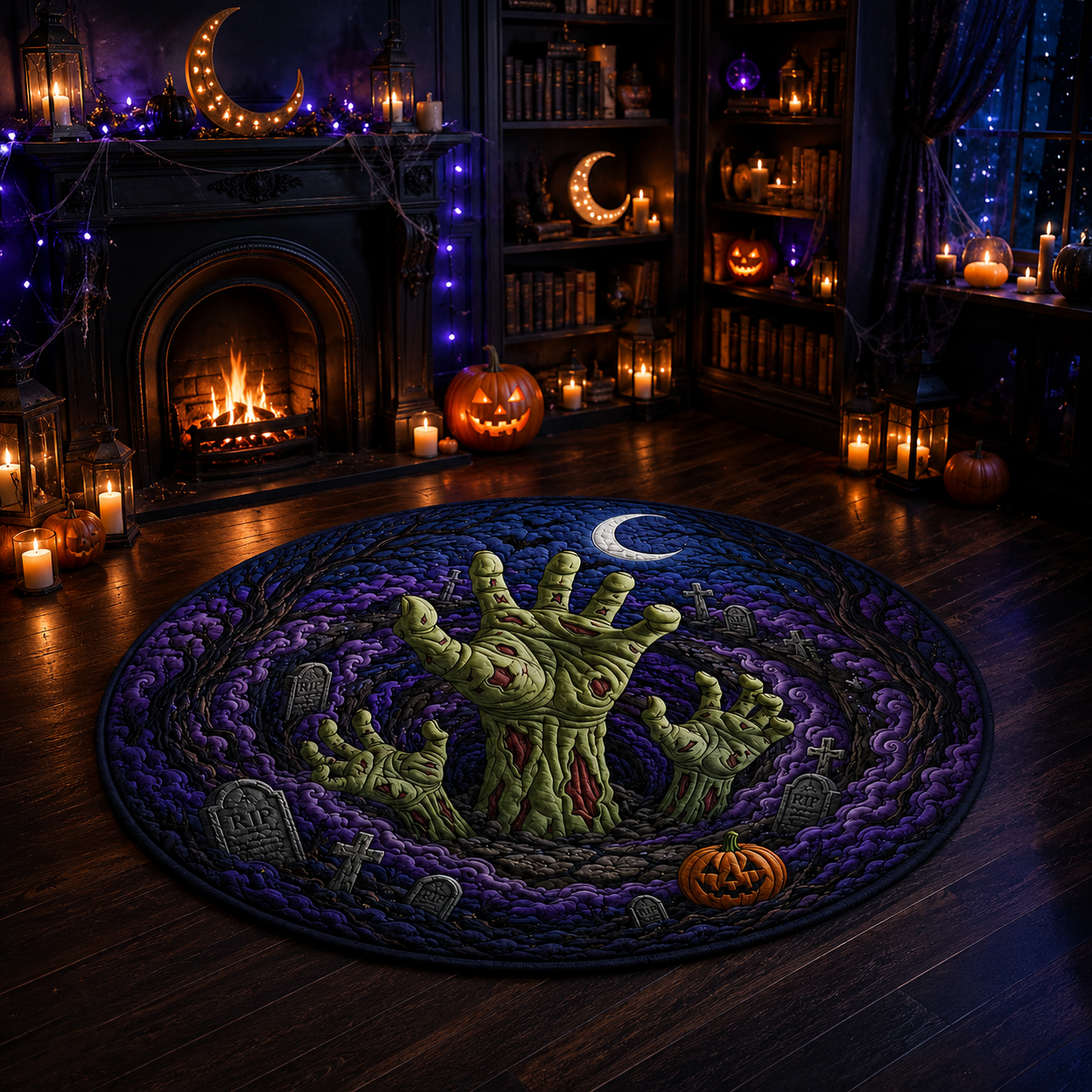 Creepy Zombie Hands Rising Purple Cemetery Halloween Quilt Round Rug