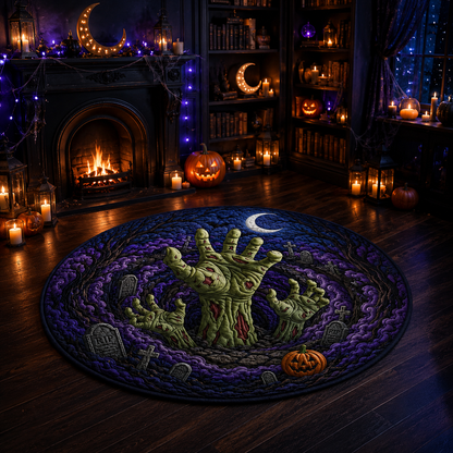 Creepy Zombie Hands Rising Purple Cemetery Halloween Quilt Round Rug