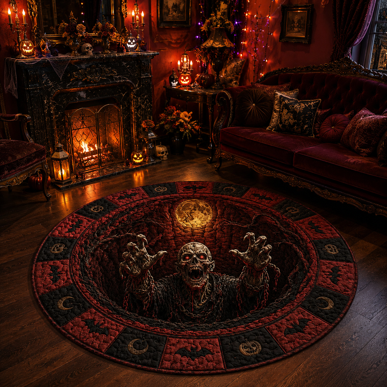 Creepy Zombie Hole Full Moon Red Black Halloween Quilt Round Rug