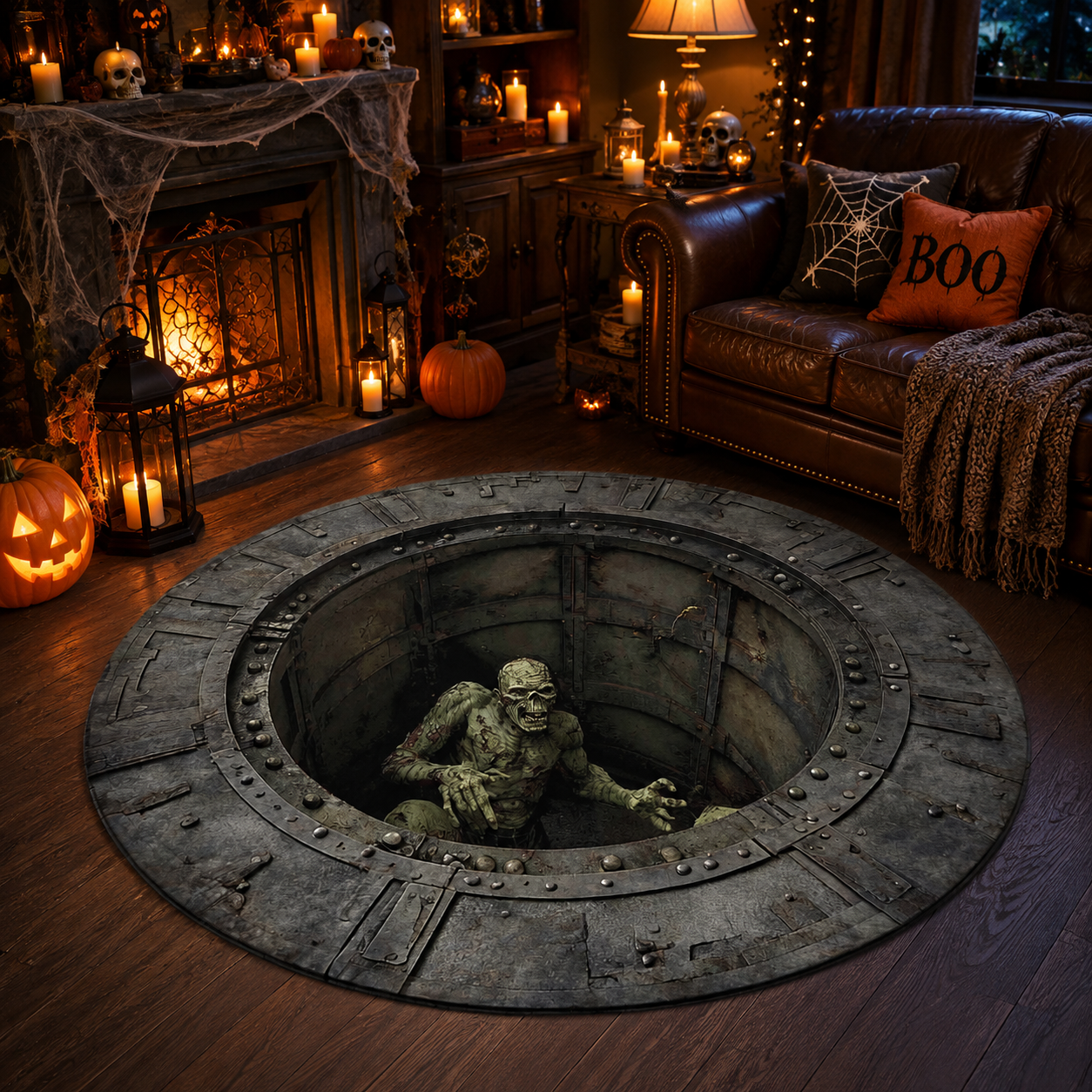 Creepy Zombie Hole Optical Illusion Halloween Quilt Round Rug