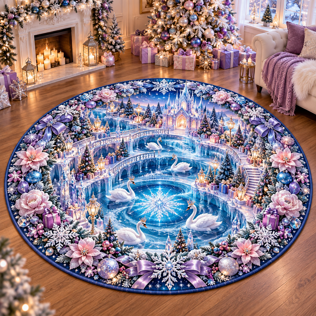 Crystal Swan Christmas Quilted Round Rug Winter Holiday Mat