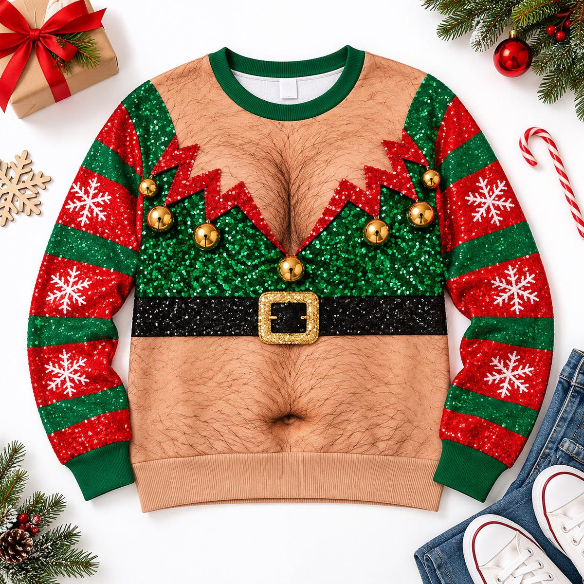 Custom Hairy Chest Elf Ugly Christmas Sweater