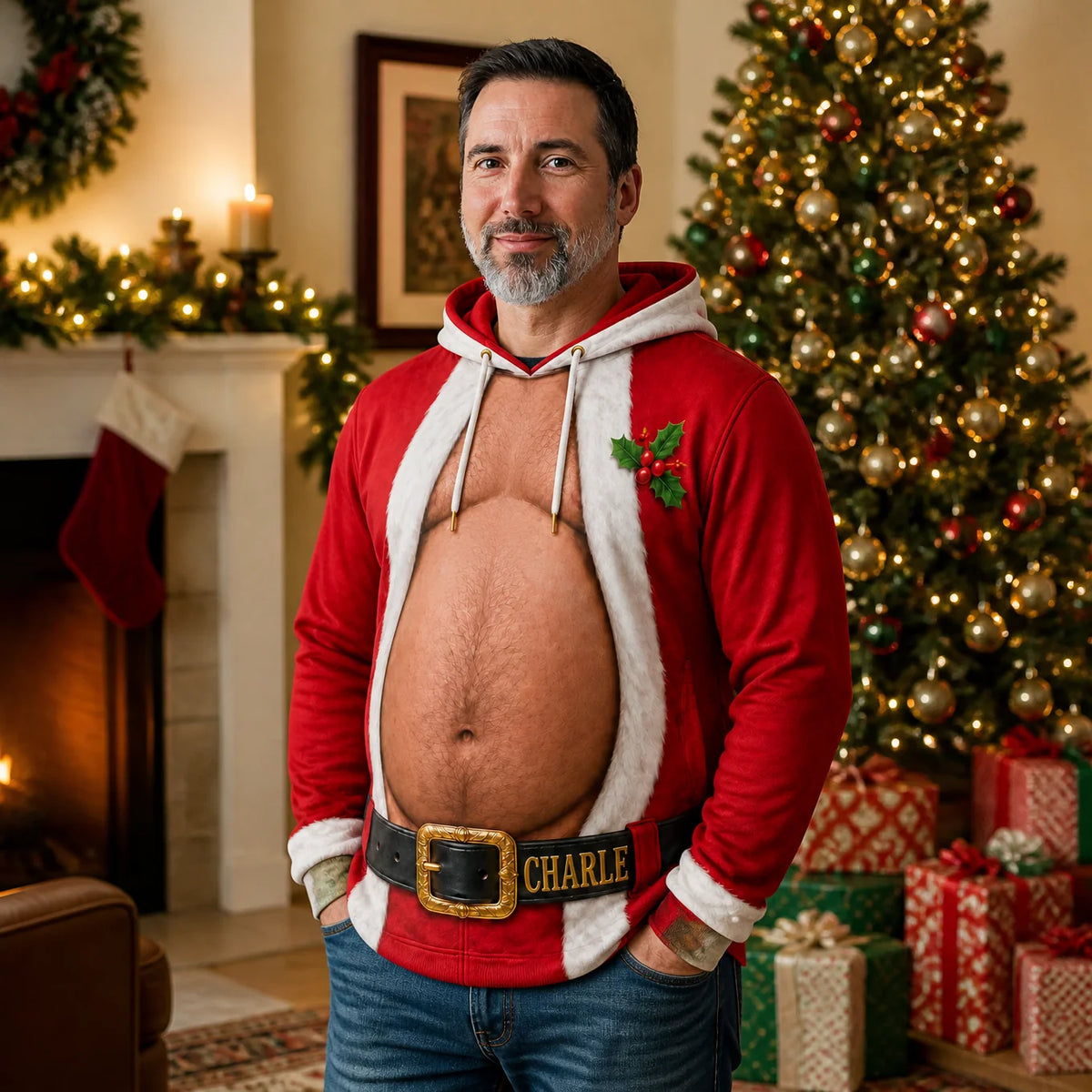 Men’s Funny Christmas Santa Belly Open Chest Hoodie