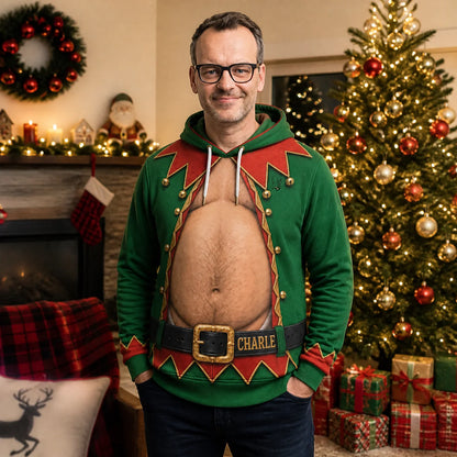Men’s Funny Christmas Santa Belly Open Chest Hoodie