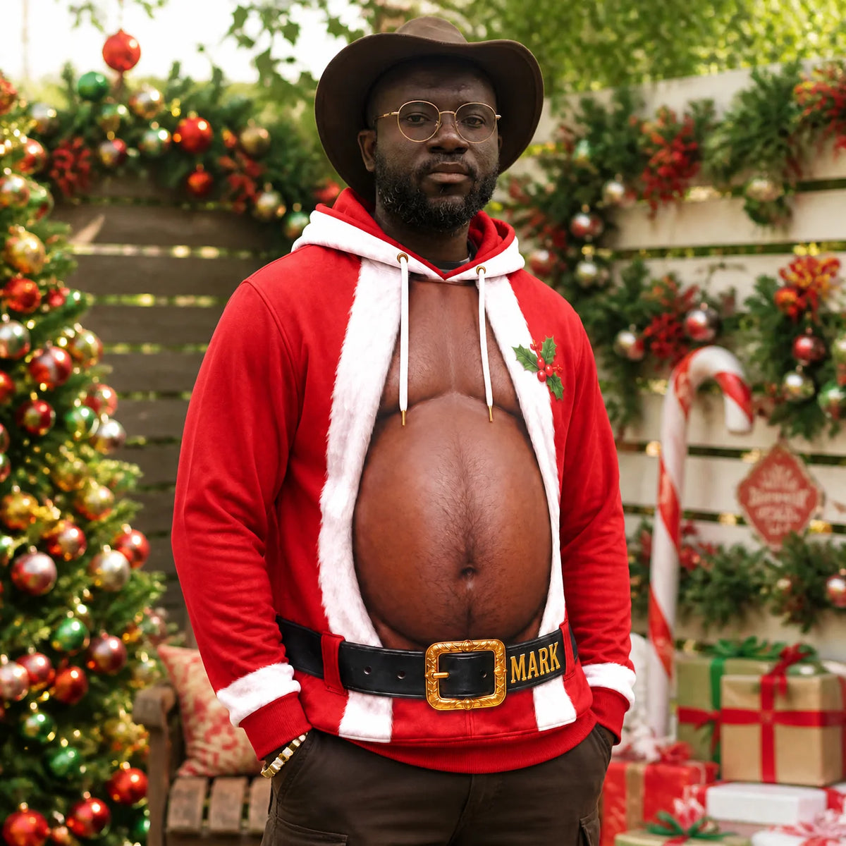 Men’s Funny Christmas Santa Belly Open Chest Hoodie