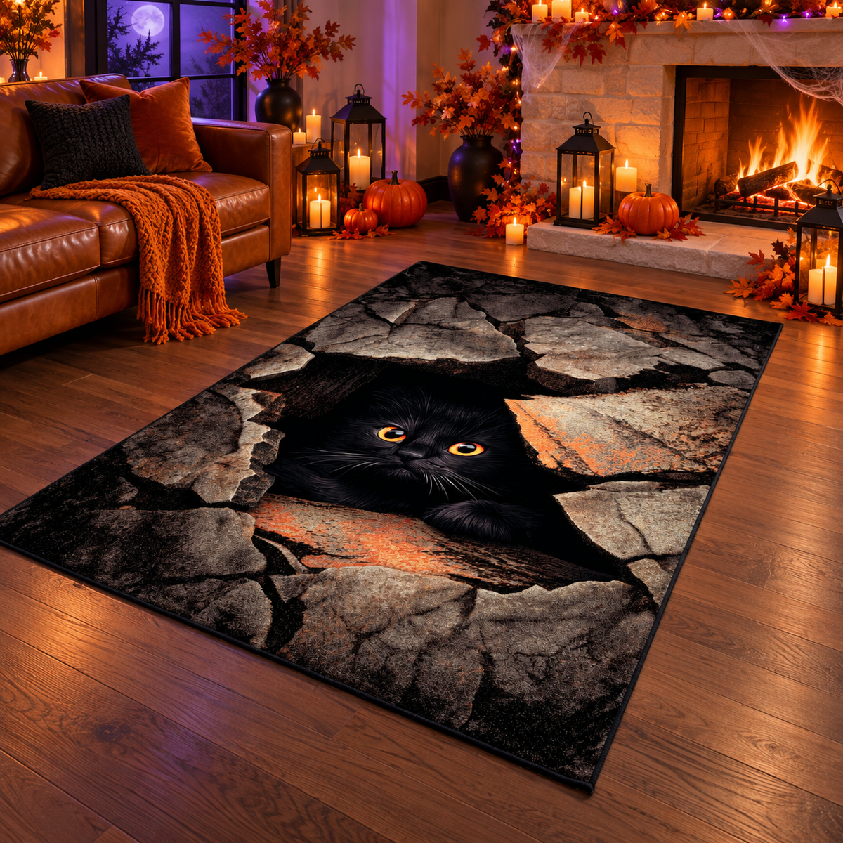 Cute Black Cat Hole Halloween Area Rug