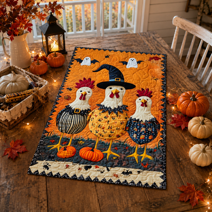 Cute Chicken Witches & Pumpkins Halloween Quilted Table Runner