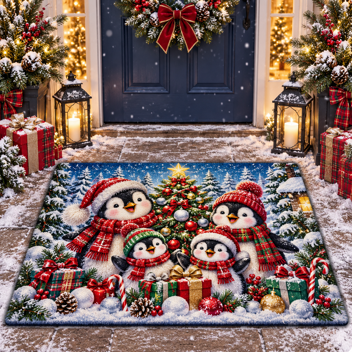 Cute Christmas Penguin Family Non-Slip Front Door Mat
