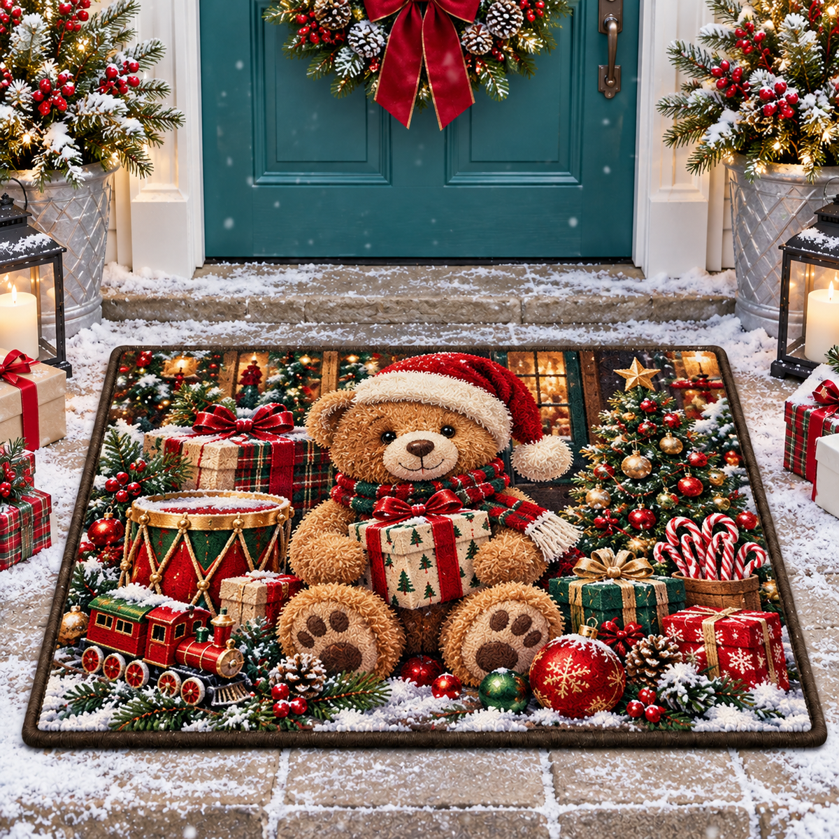 Cute Christmas Teddy Bear Holiday Entryway Doormat