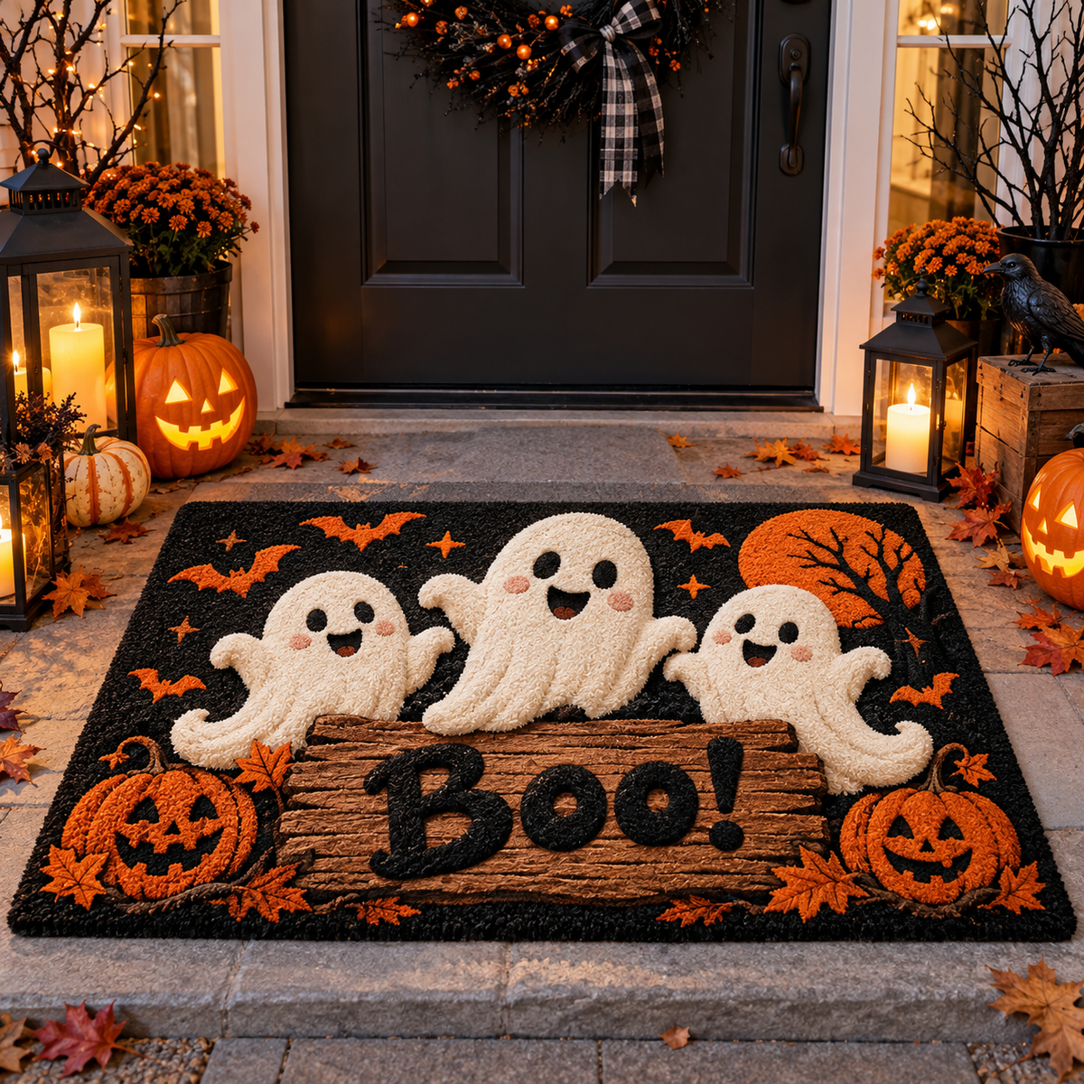 Cute Cute Ghost Boo Pumpkin Halloween Doormat Outdoor Decor