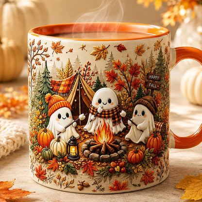 Cute Ghost Campfire Fall Ceramic Mug Orange Handle