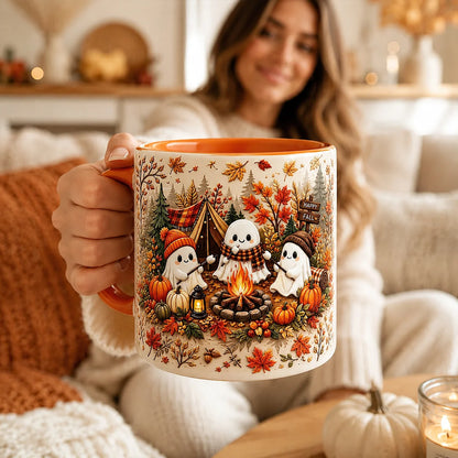 Cute Ghost Campfire Fall Ceramic Mug Orange Handle