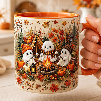 Cute Ghost Campfire Fall Ceramic Mug Orange Handle