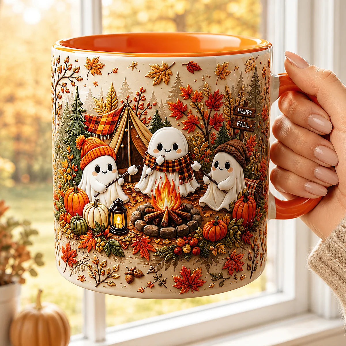 Cute Ghost Campfire Fall Ceramic Mug Orange Handle