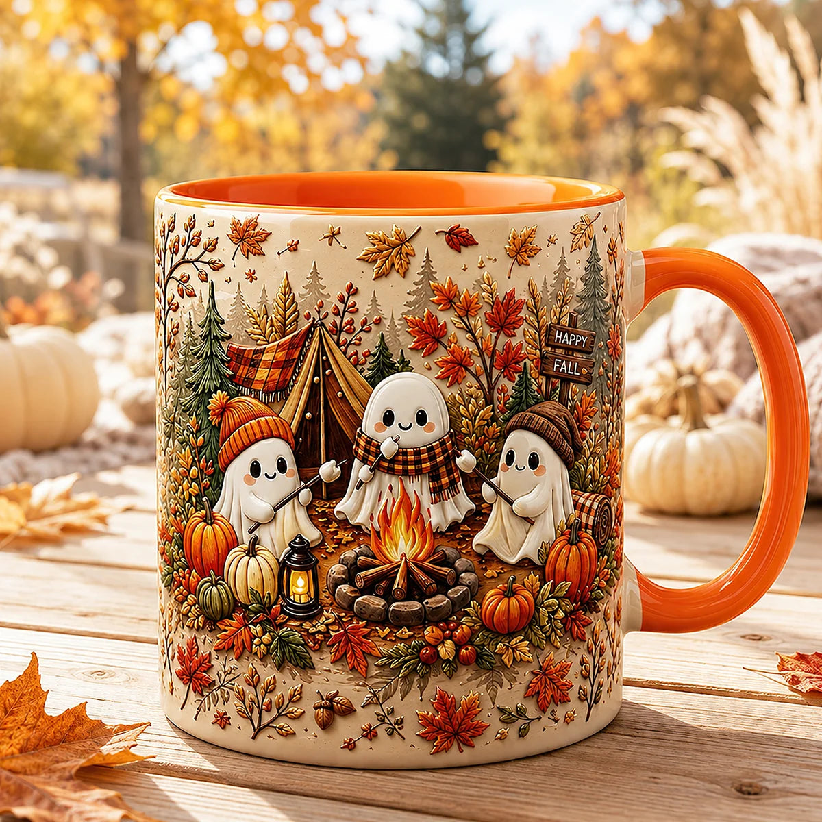 Cute Ghost Campfire Fall Ceramic Mug Orange Handle