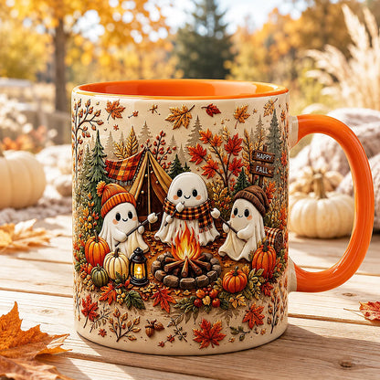 Cute Ghost Campfire Fall Ceramic Mug Orange Handle