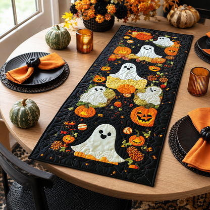 Cute Ghost Jack O Lantern Halloween Quilted Table Runner