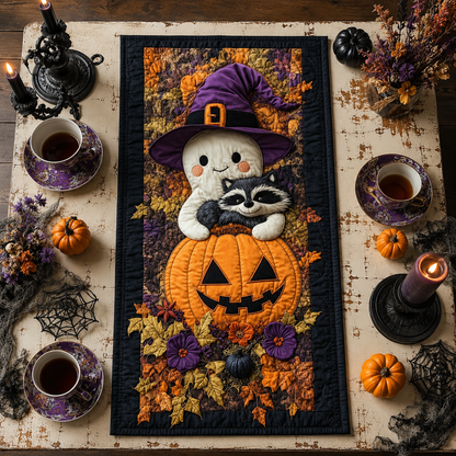 Cute Ghost Raccoon & Pumpkin Halloween Quilted Table Runner