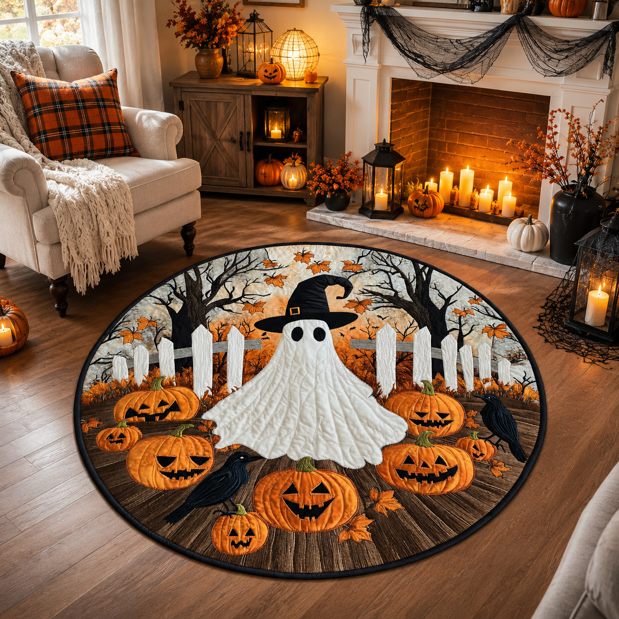 Cute Ghost Witch Hat and Pumpkin Patch Halloween Quilt Round Rug