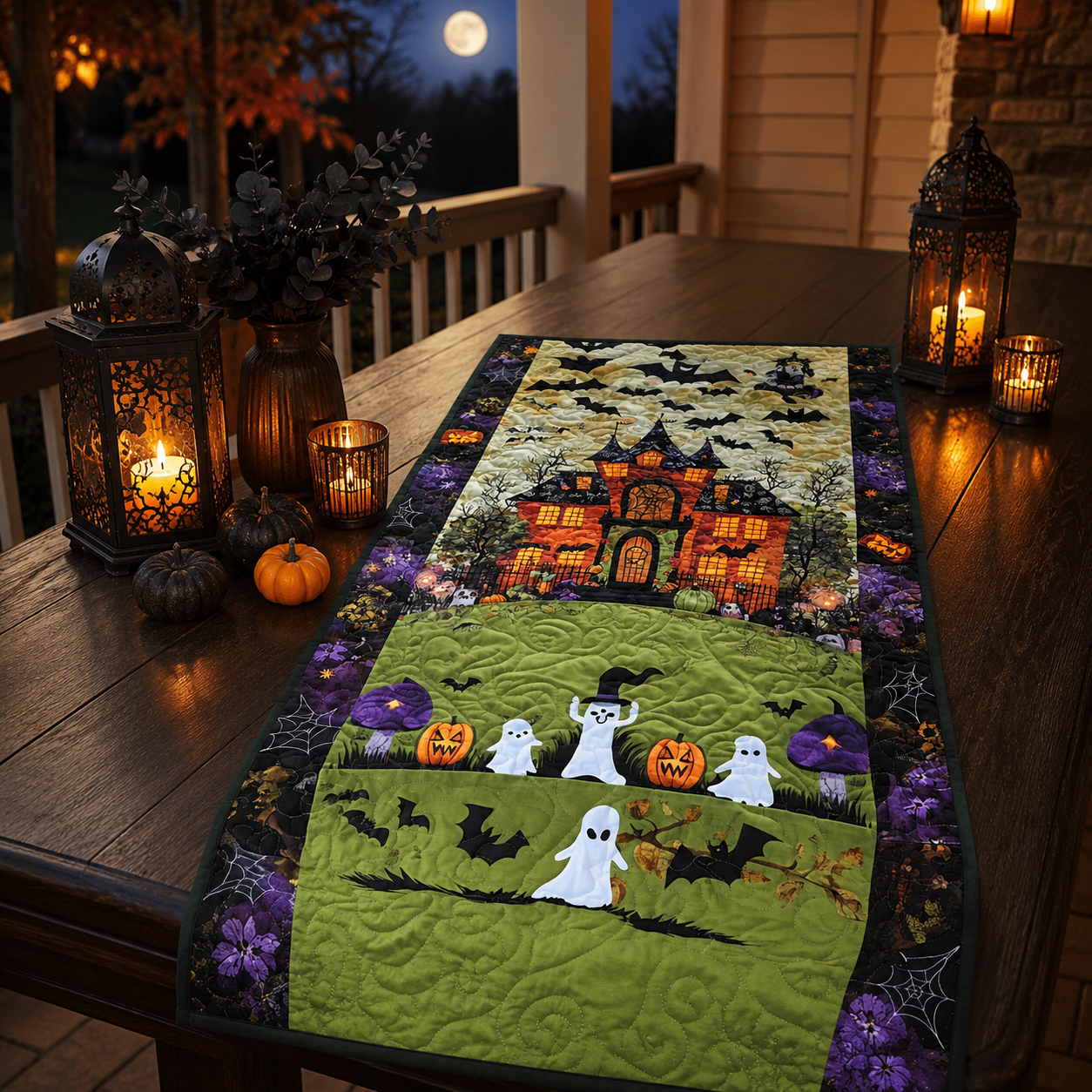 Cute Ghost & Haunted Mansion Spooky Halloween Quilted Table Runner