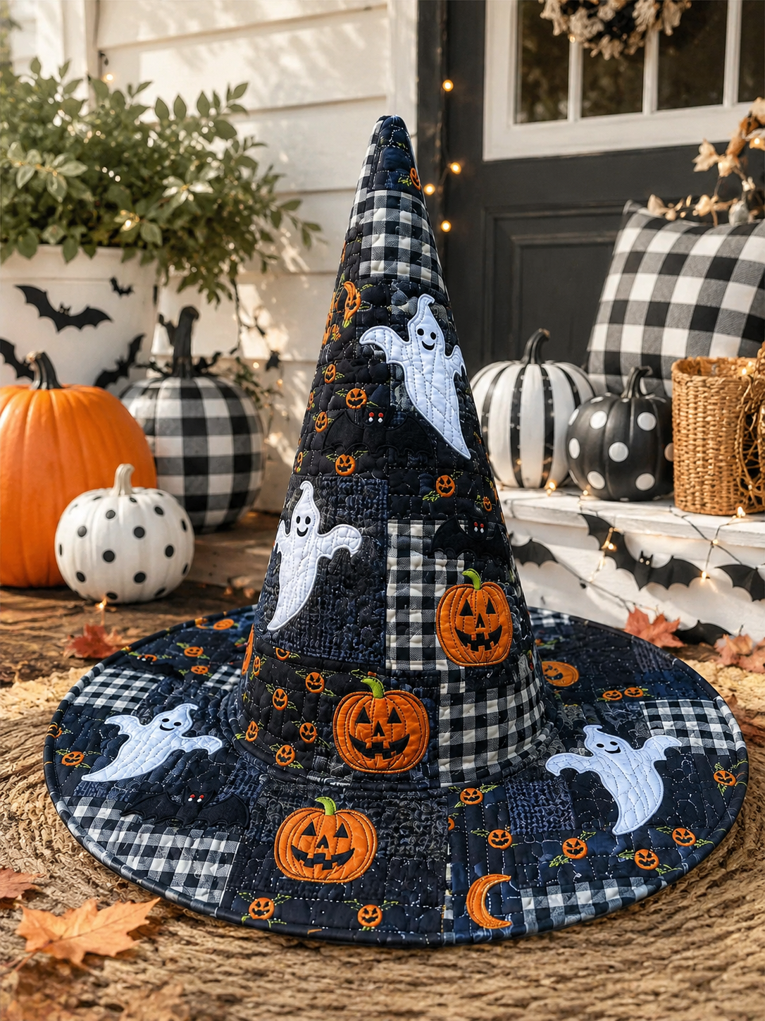Cute Ghost & Pumpkin Buffalo Plaid Patchwork Halloween Quilt Witch Hat