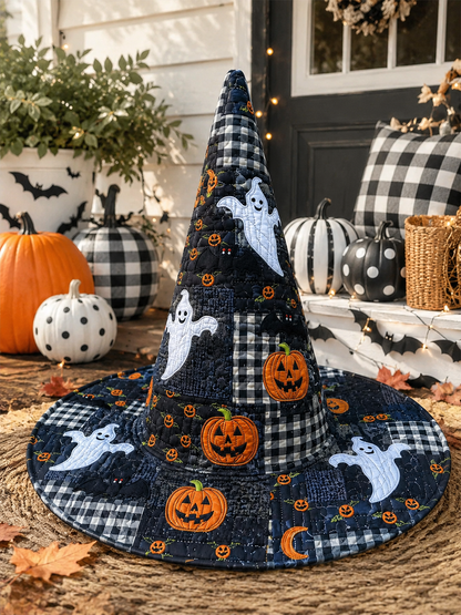 Cute Ghost & Pumpkin Buffalo Plaid Patchwork Halloween Quilt Witch Hat