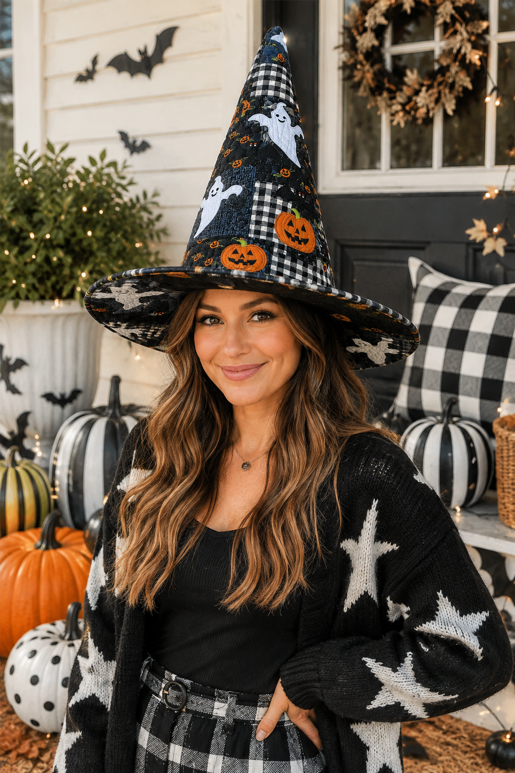 Cute Ghost & Pumpkin Buffalo Plaid Patchwork Halloween Quilt Witch Hat