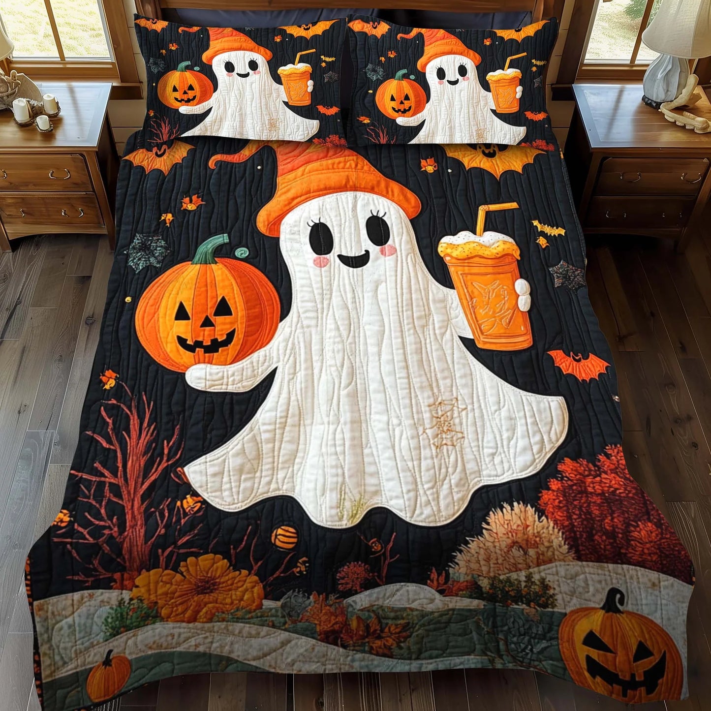 Cute Ghost & Pumpkin Halloween Bedding Set