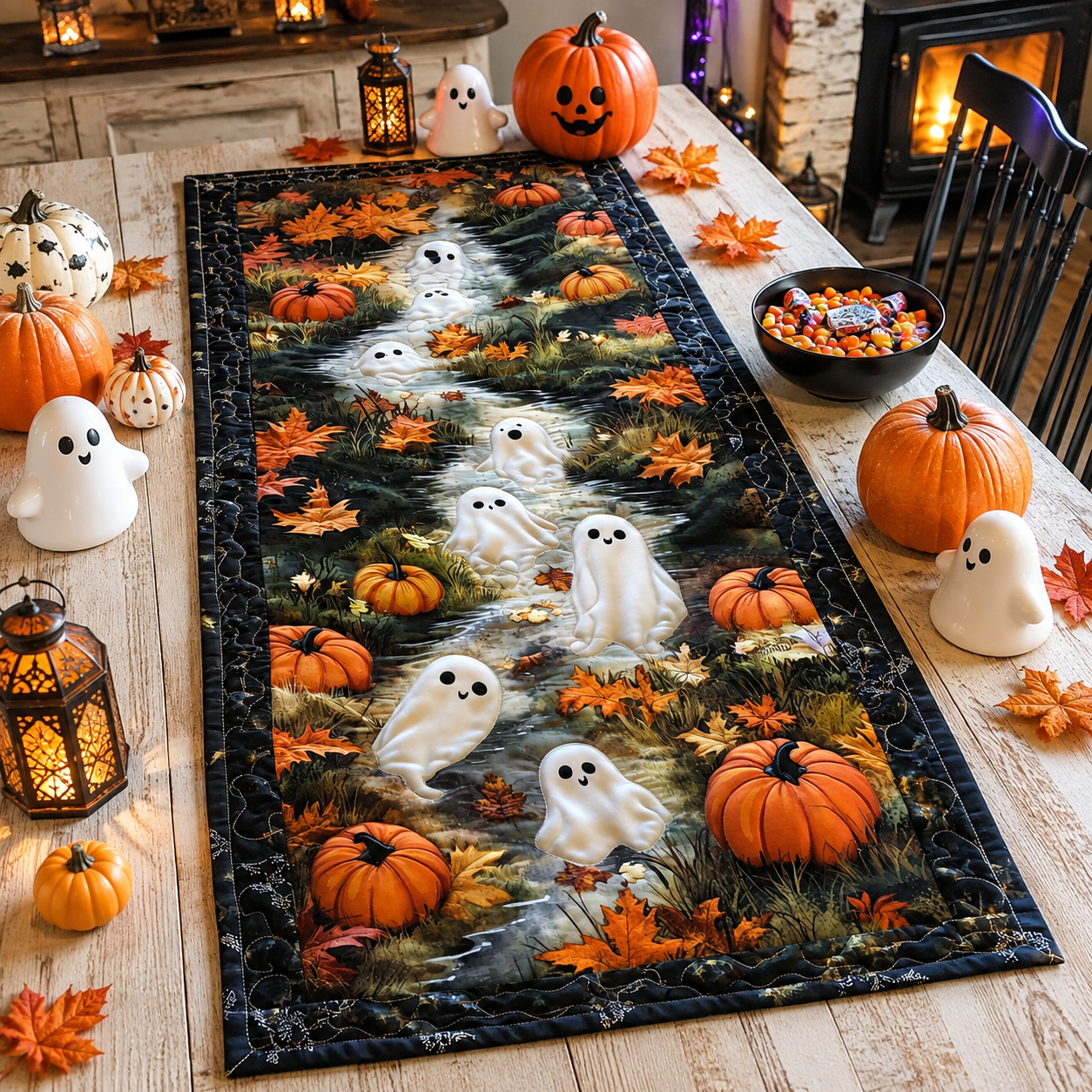 Cute Ghosts in Autumn Pumpkin Forest Halloween Quilted Table Runner