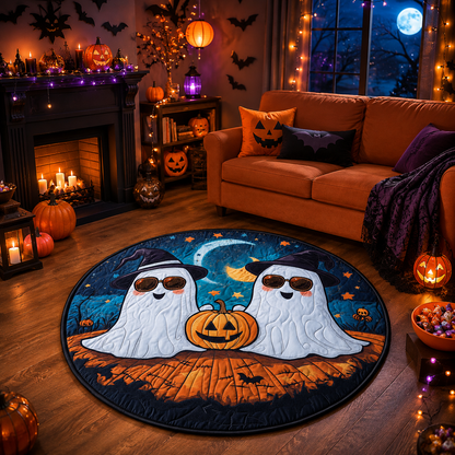 Cute Ghosts with Sunglasses Pumpkin Moon Halloween Quilt Round Rug