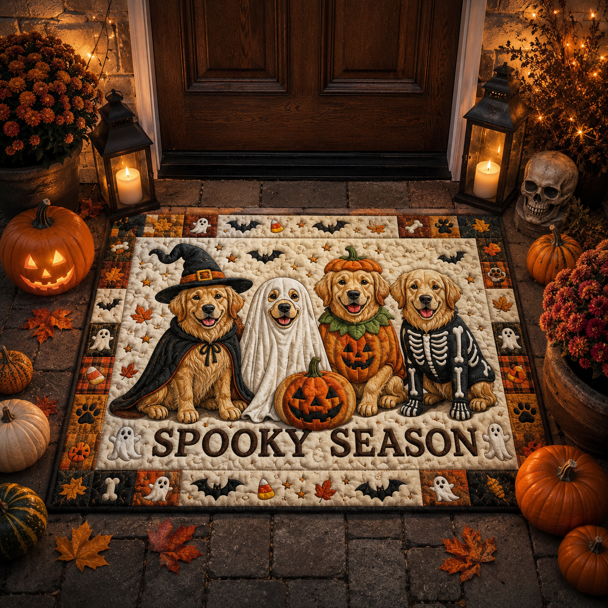 Cute Golden Retriever Spooky Season Costumes Halloween Gate Doormat