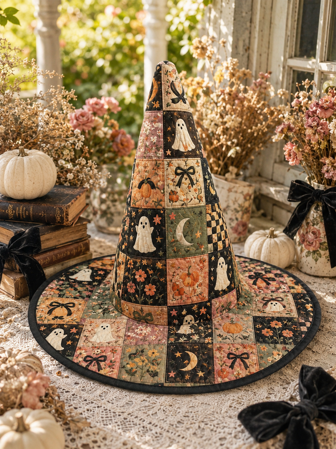 Cute Patchwork Ghost & Black Bow Floral Halloween Quilt Witch Hat