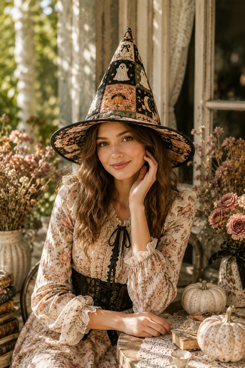Cute Patchwork Ghost & Black Bow Floral Halloween Quilt Witch Hat
