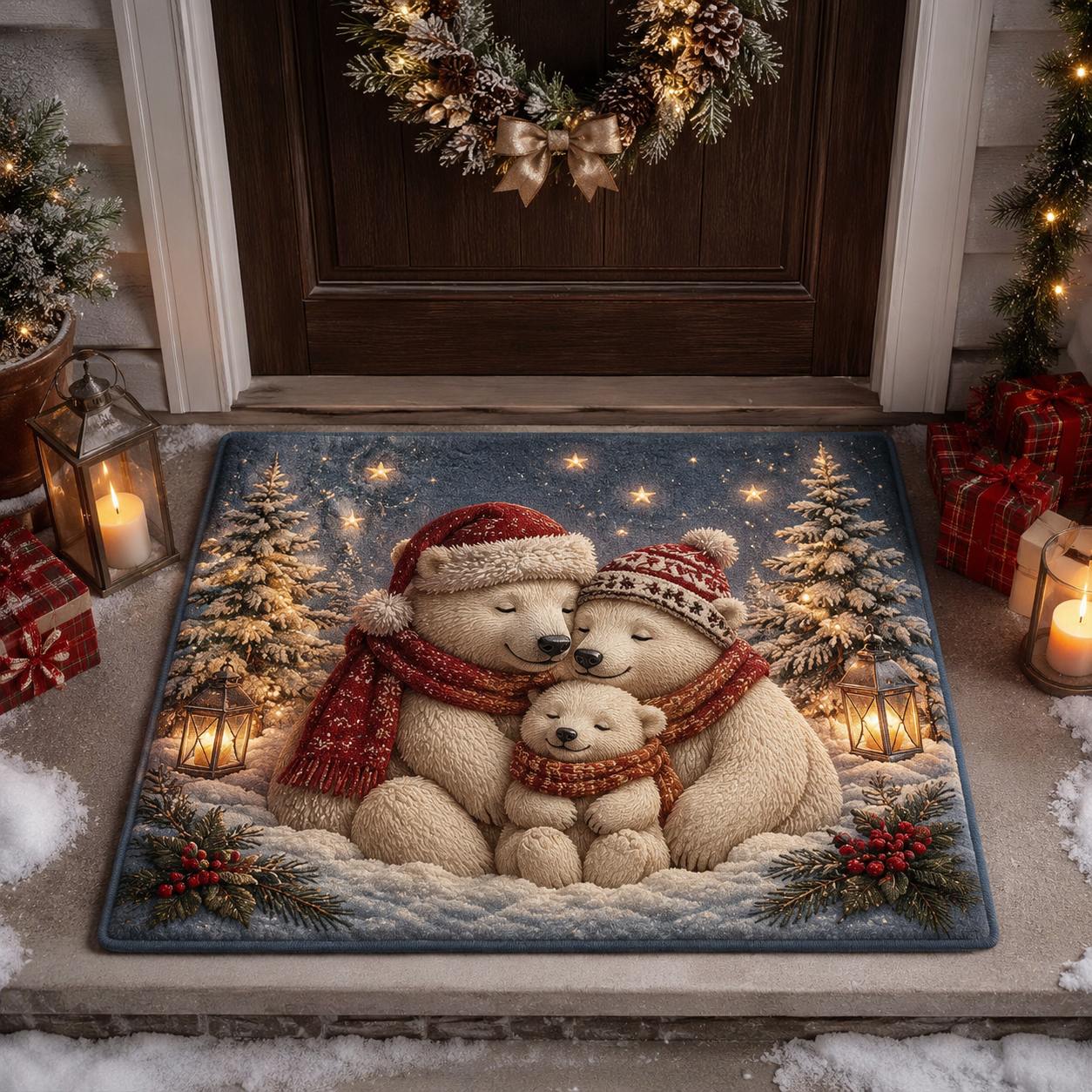 Cute Polar Bear Family Winter Snow Floor Mat Christmas Gate Doormat