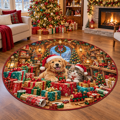 Cute Puppy Kitten Christmas Quilted Round Rug Holiday Gifts Carpet