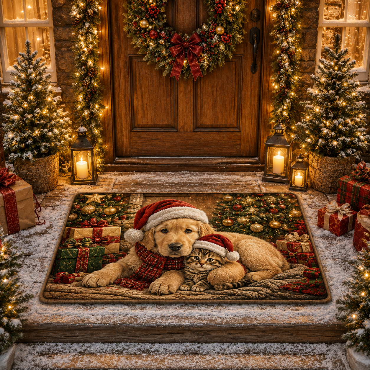 Cute Puppy Kitten Festive Santa Christmas Gate Doormat