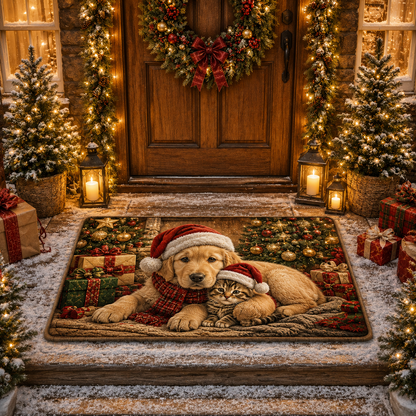 Cute Puppy Kitten Festive Santa Christmas Gate Doormat
